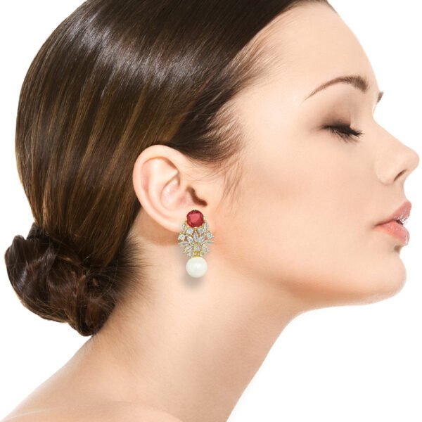 Cabochan Ruby Stone Earring Pearl Dangling Tapers Studded (ILT-003) - Image 2