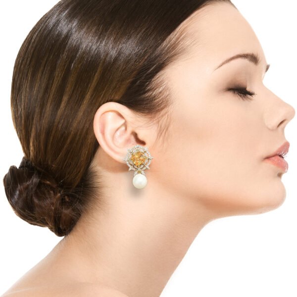 Golden Yellow Stone Star Shaped Earrings Pearl Dropped Clip Tops (ILT-005) - Image 2