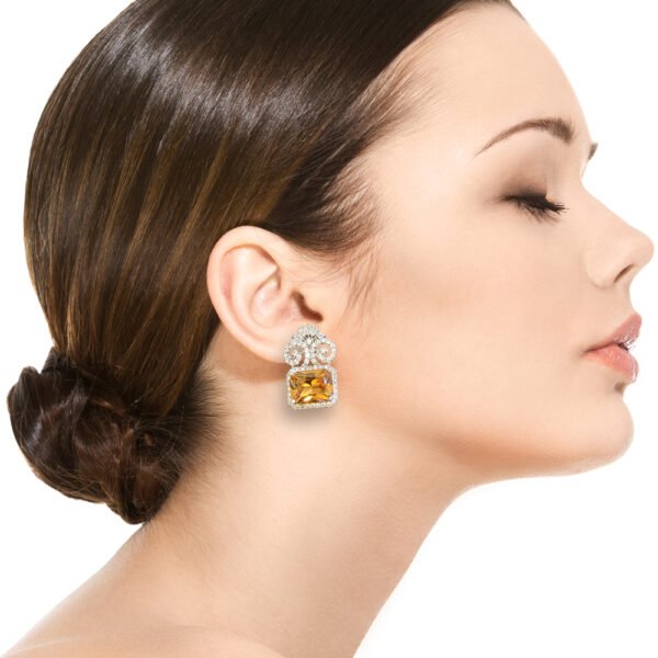 Glory Citrine Diamond Styled Rectangular Cut Orange Stone Earrings Clipped (ILT-008) - Image 2