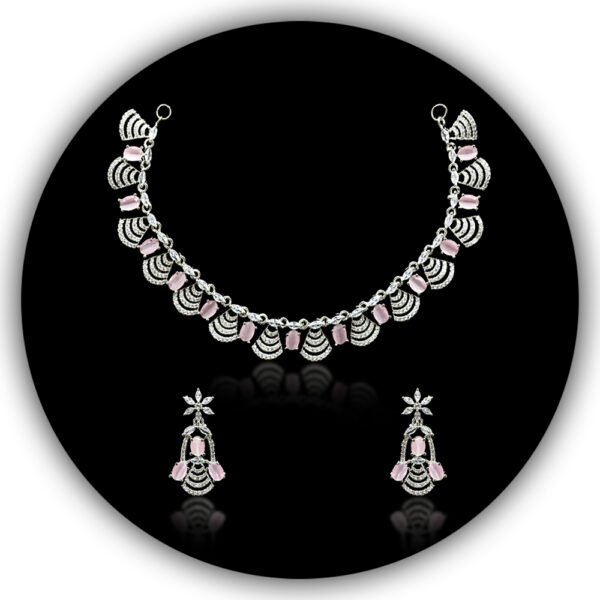 Pink Cubic Zirconia Necklace Earrings set Silver Plated Bridal Jewelry Statement CZ necklace Engagement Set (IMNS-003)