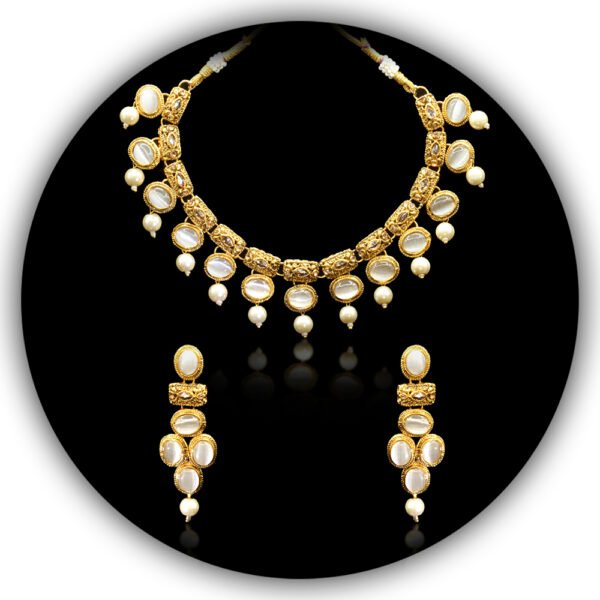 Gold Plated Oval Stone Beaded Adjustable Dori Necklace Jewelry Set For Bride Lady (IMNS-006)