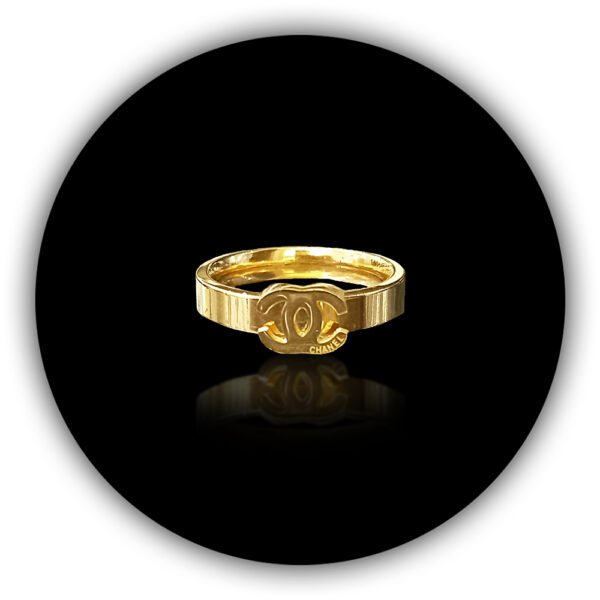 Golden C ring Chanel Design Gold Plated Metal Finish Round Paved Engagement Party Wedding Ring (IMPLR-005)