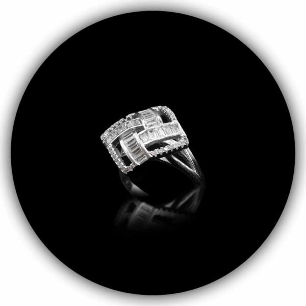 Square Beautiful Uniquely Designed Imported Cubic Zircon Ring With Tapers Diamond Style Silver Plated (IMPLR-015) - Image 2