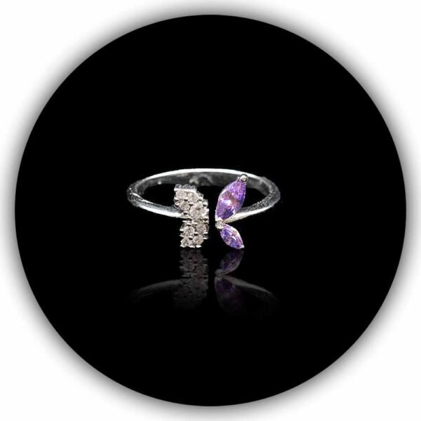 Imported Rotating Adjustable Purple Butterfly Ring For Women & Girls Cubic Zirconia/American Diamond Silver Plated (IMPLR-020)