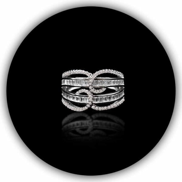 Baguette and Round Diamond Styled Crossover Multi-Row Ring in Sterling Silver Plating Spiral Shaped Ring (IMPLR-021)