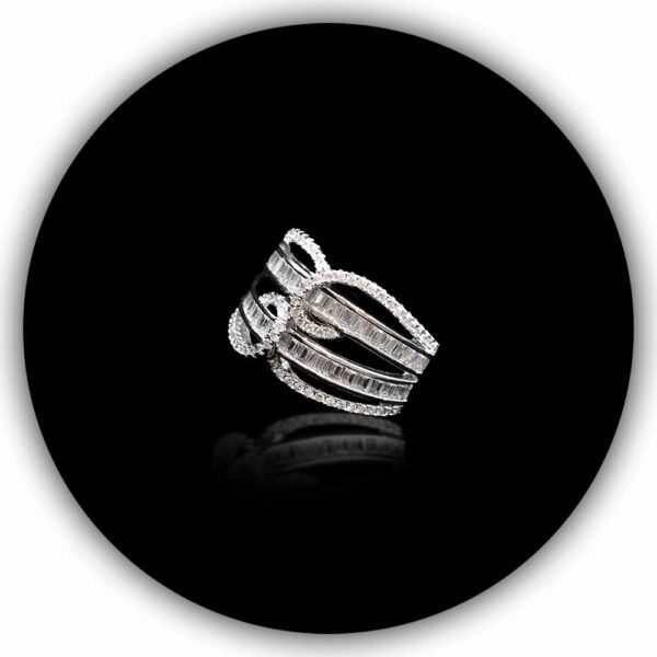 Baguette and Round Diamond Styled Crossover Multi-Row Ring in Sterling Silver Plating Spiral Shaped Ring (IMPLR-021) - Image 2