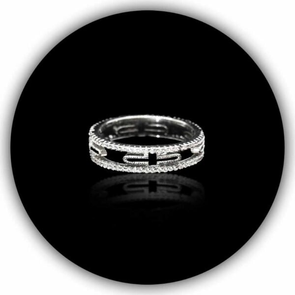 Bvlgari Styled 18K Diamond Look Unique White Gold Plated Parentesi Inspired Design Ring Band (IMPLR-027)