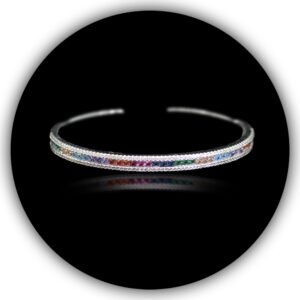 Rainbow Colored 925 Certified Imported Cubic Zirconia Silver Bangle Studded Multi Stones Stiff Bracelet (SBR-002)