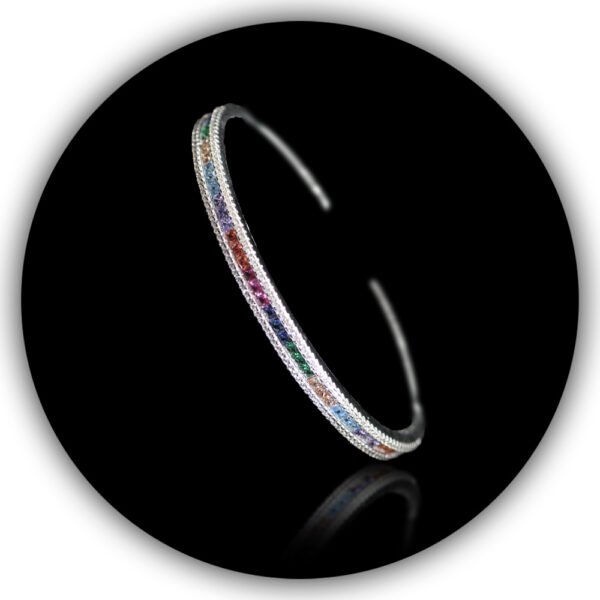 Rainbow Colored 925 Certified Imported Cubic Zirconia Silver Bangle Studded Multi Stones Stiff Bracelet (SBR-002) - Image 2